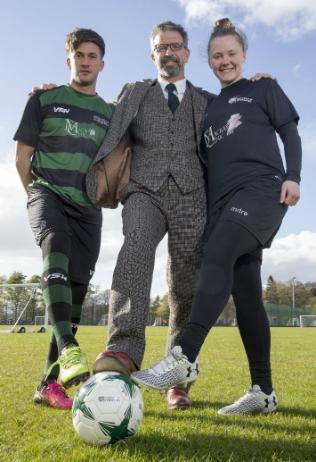 Professor Mackay standing with Ben Cuff and Chloe Logan