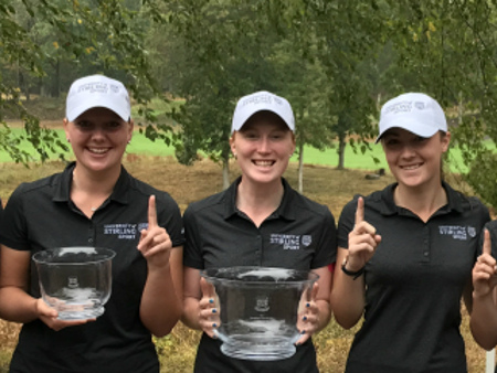 Stirling champions: Chris Purdie (Assistant Coach), Emily Laws, Chloe Goadby, Gemma Batty, Hazel MacGarvie, Mirren Fraser and Dean Robertson (Head Coach) celebrate their win. 