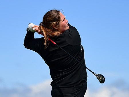 Lorna McClymont watches the ball after teeing off.