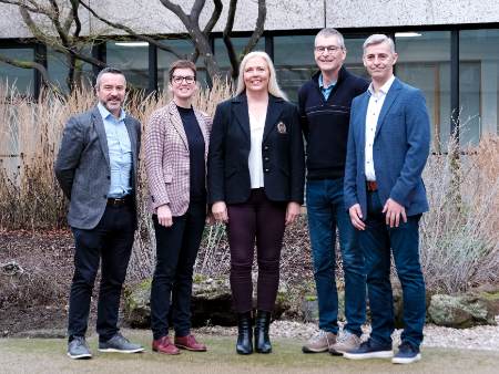 L to R_sportscotland lead manager, Ewen Cameron, Executive Director of Sport at Stirling,Cathy Gallagher, Keynote speaker Andy Abraham, Dean of the Faculty of Health Sciences and Sport, Jayne Donaldson, and organiser Stephen Macdonald