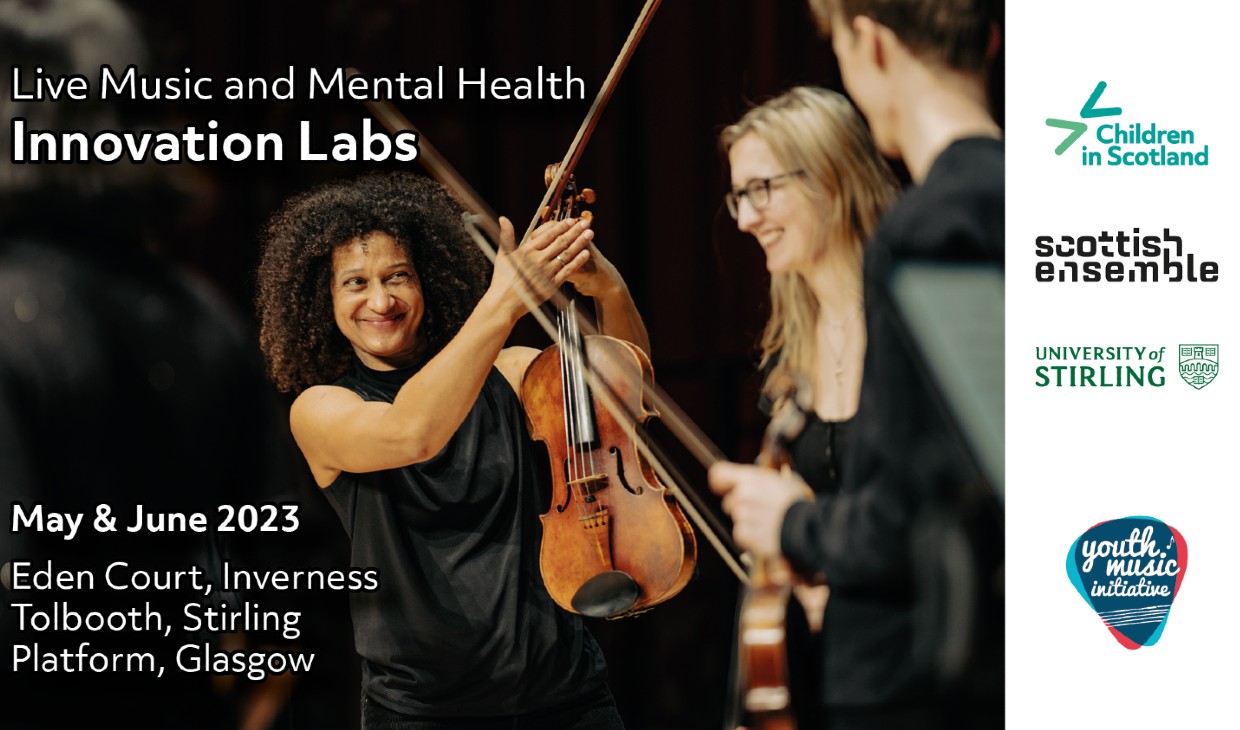 Musicians pose with their instruments on a black background with white text advertising the workshops talking place in Inverness, Stirling and Glasgow