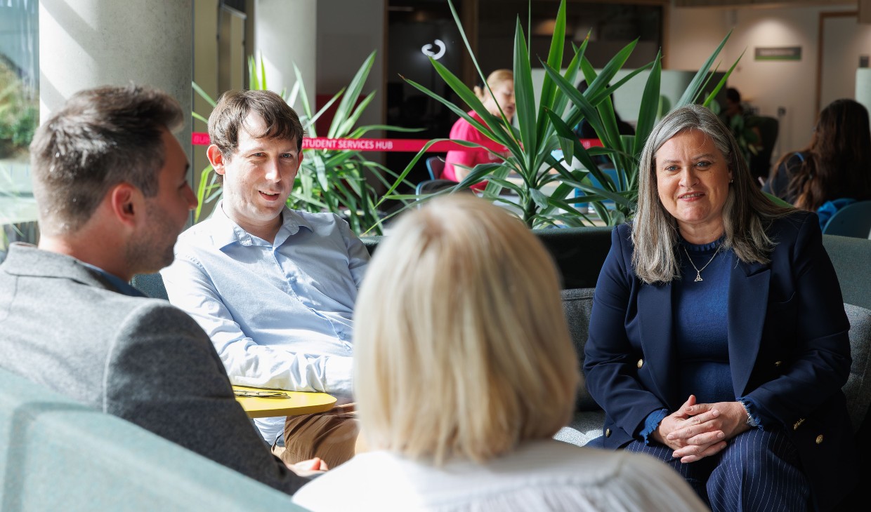 (l-r) Peter Humfrey and Roz McCall MSP meeting staff in the in the Student Support Hub