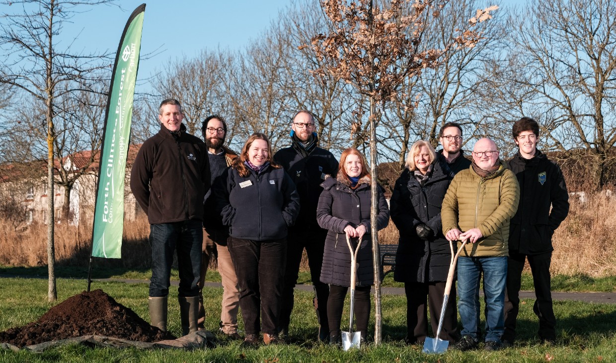 Pictured from left to right: Alistair Seaman, Woodland Trust Scotland; Douglas Worrall, Director of Forth Climate Forest, University of Stirling; Alice MacPherson, RSPB; James Stead, RSPB; Claire Gibson, Energy and Climate Change Coordinator, Falkirk Council; Councillor Cecil Meiklejohn, Falkirk Council Leader; Josh Thornhill, TCV; William Martin, Friends of Rannoch Park; Gregor McLeod, TCV.