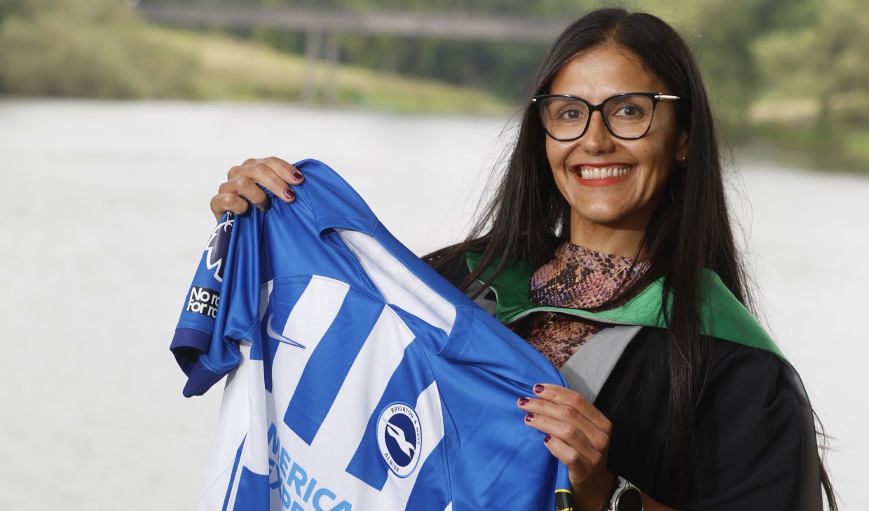 Paola Rodriguez-Giustiniani poses with Brighton & Hove Albion top.