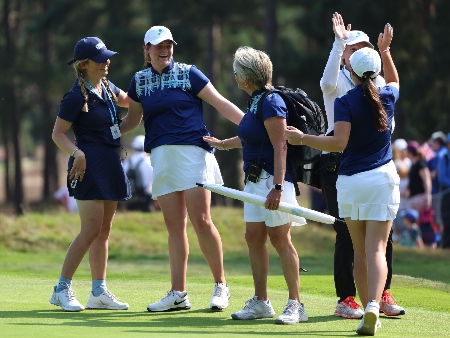 Lorna McClymont celebrates winning her match on the final day of the Curtis Cup.