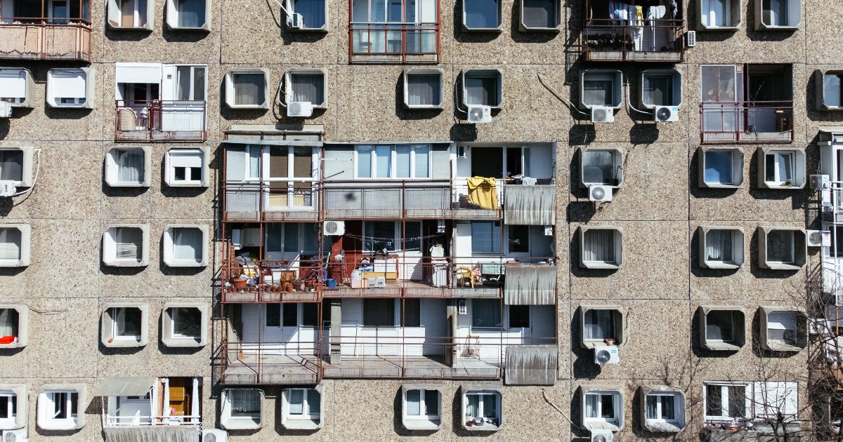 A brutalist block of apartments in Eastern Europe