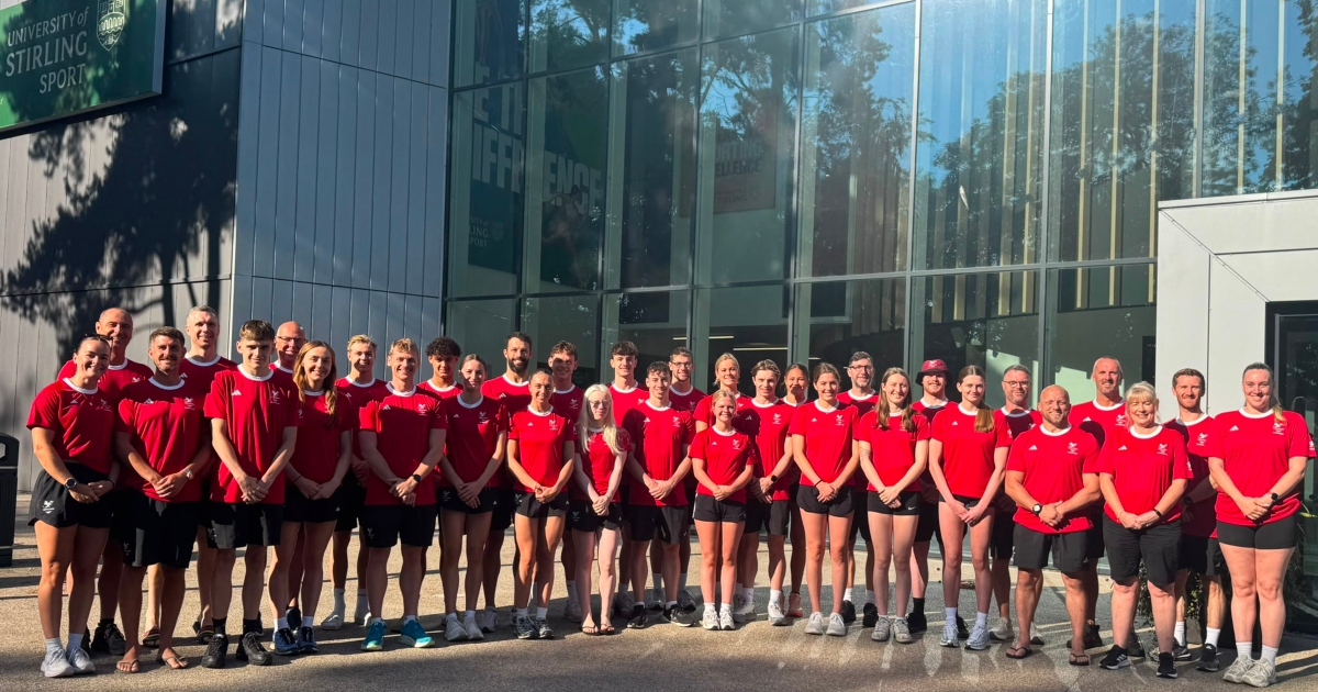 Team Wales standing outside University of Stirling Sport Centre.