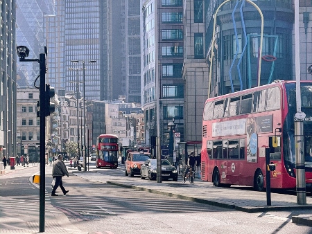 red bus in city centre