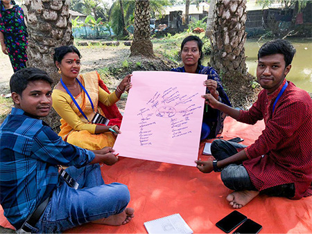 People sitting outside and holding a large sheet of paper